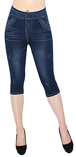 dy_mode Damen 3/4 Leggings Capri Leggins Jeans Optik - CLG002 (3LG437-Dunkelblau | OneSize Gr.36-40) von dy_mode