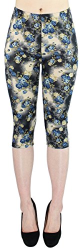 dy_mode Damen Capri 3/4 Leggings in Blumen Muster Damen Kurze Leggings Flower Print in One Size Gr. 36-42 - CLG009 (3LG343-VintageBlueRose) von dy_mode