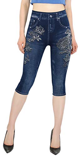 dy_mode Damen Capri Jeggings 3/4 Leggings in Jeans Optik - CLG001 (3LG130-MorningFlower) von dy_mode