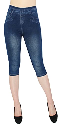 dy_mode Damen Capri Leggings 3/4 Jeggings Jeans Optik - CLG058 (3LG439-Dunkelblau | OneSize 36-40) von dy_mode