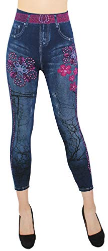 dy_mode Damen Capri Leggings 7/8 Jeggings Caprihose Sommer -CLG061 (7LG251-DiamondFlower) von dy_mode