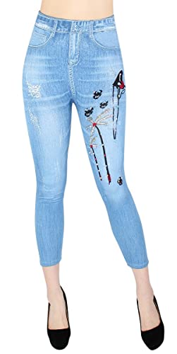 dy_mode Damen Capri Leggings 7/8 Kurze Jeggings Jeans Optik Leggins Stretch - 7LG2022-001 (36-40, 7LG2022-001Hellblau) von dy_mode