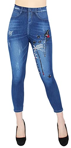 dy_mode Damen Capri Leggings 7/8 Kurze Jeggings Jeans Optik Leggins Stretch - 7LG2022-001 (36-40, 7LG2022-001Jeansblau) von dy_mode