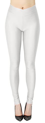 dy_mode Damen Glanz Leggings Tanz Leggings glänzend bunt mit V-Shape Bund - JL0116-V (38-40, JL0116-V-Perlenweiß) von dy_mode