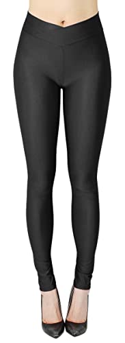 dy_mode Damen Glanz Leggings Tanz Leggings glänzend bunt mit V-Shape Bund - JL0116-V (38-40, JL0116-V-Schwarz) von dy_mode
