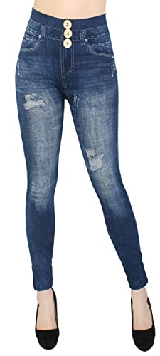 dy_mode Damen Leggings High Waist Jeggings Jeansoptik Hose - JL078 (JL605-038ThreeButton) von dy_mode