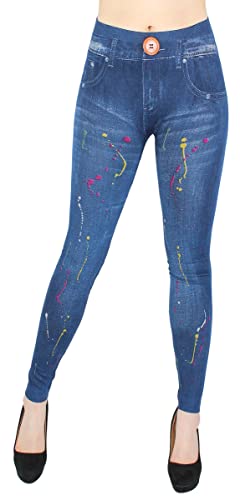 dy_mode Damen Leggings High Waist Jeggings Jeansoptik Leggins -JL089 (JL618-ColorSplashOneButton) von dy_mode