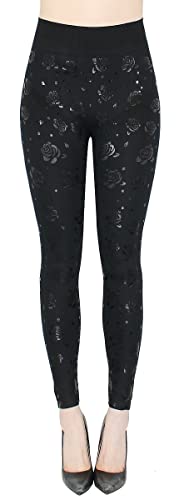 dy_mode Damen Leggings High Waist Schwarz mit Glanz Wet-Look Blumen Muster Glanz Druck Leggins - JL353 (jl637-GlanzRose, S/M) von dy_mode