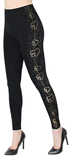 dy_mode Damen Leggings High Waist Schwarz mit Glanz Wet-Look Blumen Muster Glanz Druck Leggins - JL353 (jl643-GoldenHeart, S/M) von dy_mode