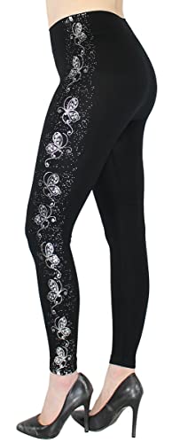 dy_mode Damen Leggings High Waist Schwarz mit Glanz Wet-Look Blumen Muster Glanz Druck Leggins - JL353 (jl645-SilverButterfly, S/M) von dy_mode