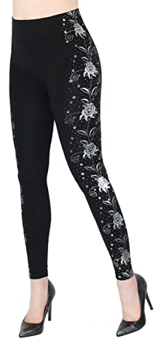 dy_mode Damen Leggings High Waist Schwarz mit Glanz Wet-Look Blumen Muster Glanz Druck Leggins - JL353 (jl647-SilverSideRose, S/M) von dy_mode