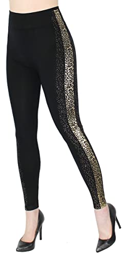 dy_mode Damen Leggings High Waist Schwarz mit Glanz Wet-Look Blumen Muster Glanz Druck Leggins - JL353 (jl649-TigerGoldStripes, S/M) von dy_mode