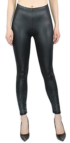 dy_mode Damen Leggings Kunstleder Optik mit Spitze Cut Out/Glitzer - JL0157 (JL330-Strass) von dy_mode