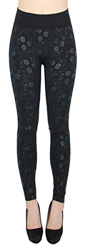 dy_mode Damen Leggings Schwarz mit Glanz Blumen Muster Leggins - JL353 (JL356-Blümchen, S/M) von dy_mode