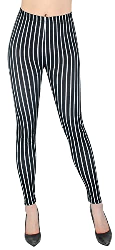 dy_mode Damen Leggings gestreift Schwarze Weiße Streifen - JL058 (JL058-SchwarzbreitWeißschmal) von dy_mode