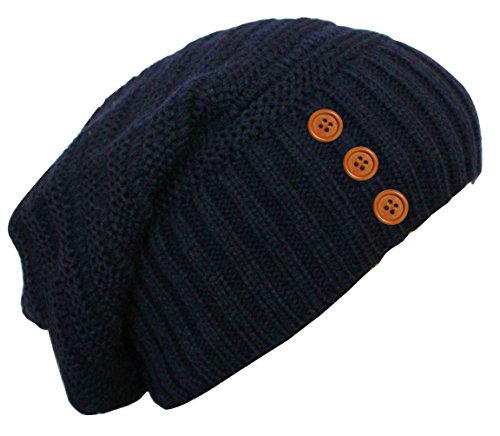 dy_mode Damen Long Beanie Mütze Strickmütze mit verspielte Holzknöpfe - WM001 (Tiefblau) von dy_mode