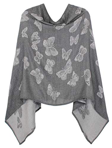 dy_mode Damen Poncho Cape Eleganter leichter Poncho geblümt - WJ036 (WJ063Butterfly-Dunkelgrau) von dy_mode