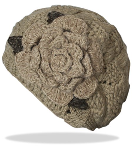 dy_mode Damen Strick Mütze mit Rosen-Blumen in viele Farben/Bunte Strickmütze Wintermütze - A039 (A039-BeigeBraun) von dy_mode