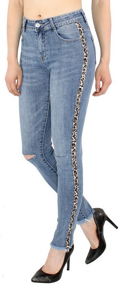 dy_mode Destroyed-Jeans Damen Jeans Hose Risse am Knie Skinny Pants Stretch Jeanshose 5-Pocket-Style, Löcher am Knie, Tiger Muster Streifen seitlich von dy_mode