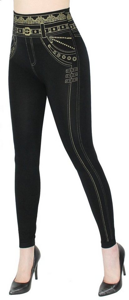 dy_mode Highwaist Leggings Damen Leggings Schwarz mit Goldfarben Glanz Muster Hochbund Hose elastischem Hochbund, Bauch-Weg Shape von dy_mode