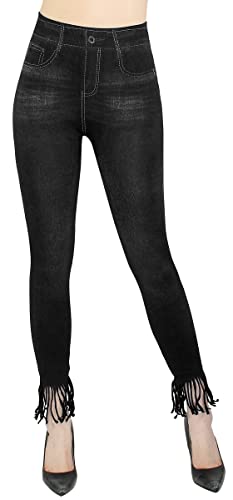 dy_mode Jeggings Damen 7/8 Jeans Optik Leggings mit Fransen - 7LG016 (S-L, 7LGFransen307-218Schwarz) von dy_mode