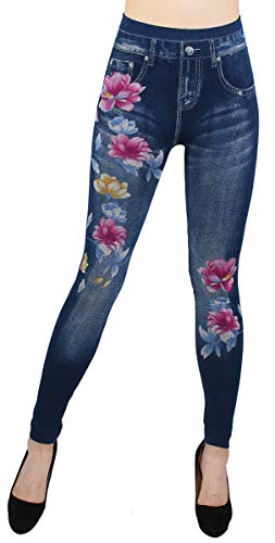 dy_mode Jeggings Damen Leggings High Waist Jeans Optik Hose - JL068 (JL414-SpringFlowerBlau) von dy_mode