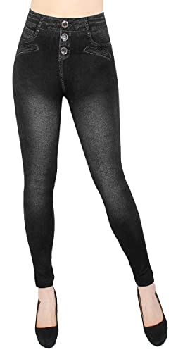 dy_mode Jeggings Damen Leggings High Waist Jeans Optik Hose - JL068 (JL609-501SchwarzGrau3Button) von dy_mode