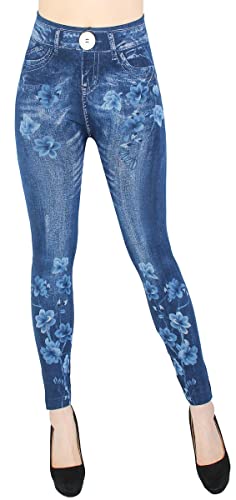 dy_mode Jeggings Damen Leggings High Waist Jeans Optik Hose - JL068 (JL610-Blumenmeer1Button) von dy_mode