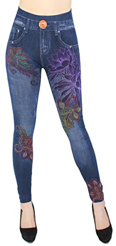 dy_mode Jeggings Damen Leggings High Waist Jeans Optik Hose - JL068 (JL623-084Fantasy1Button) von dy_mode