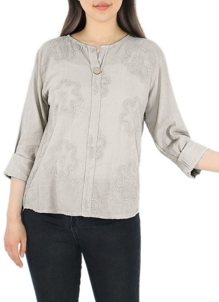 dy_mode Langarmbluse Damen Langarmshirt – Leichte Bluse im Vintage-Look mit V-Ausschnitt in Unifarbe, mit Stickerei Details von dy_mode