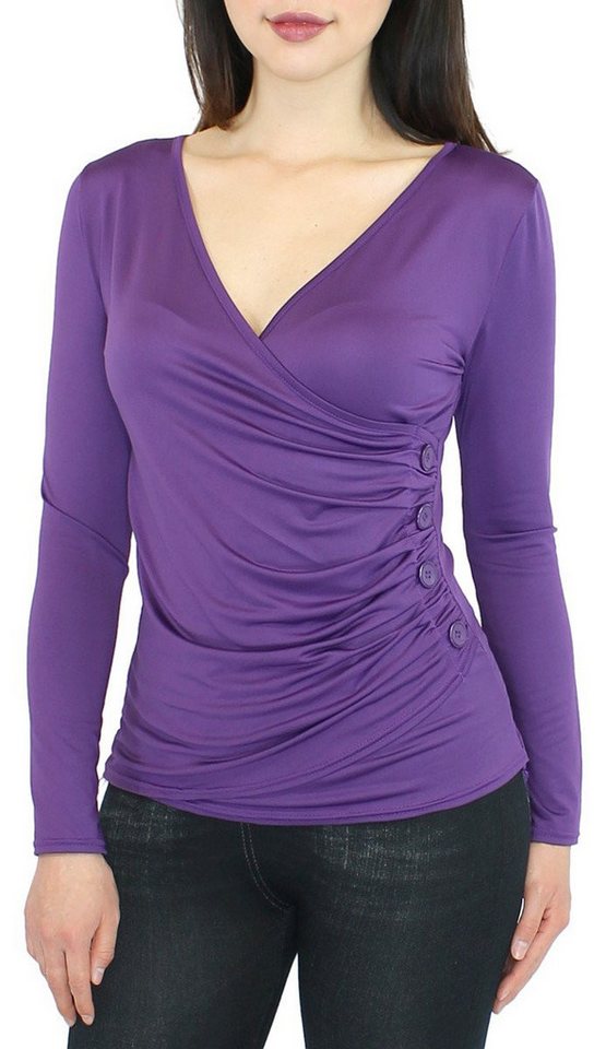 dy_mode Langarmshirt Damen Langarmshirt mit V-Ausschnitt und Raffungen in Unifarbe von dy_mode