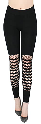 dy_mode Leggings Damen Destroyed Look mit Spitzen und Löcher in Schwarz - JL005 (36-40, jl635-HalfwayNets) von dy_mode