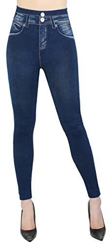 dy_mode Leggings Damen Jeggings High Waist Jeansoptik Hose Jeggins - YLG065 (JL631-Jeansblau-Glitzerknopf) von dy_mode