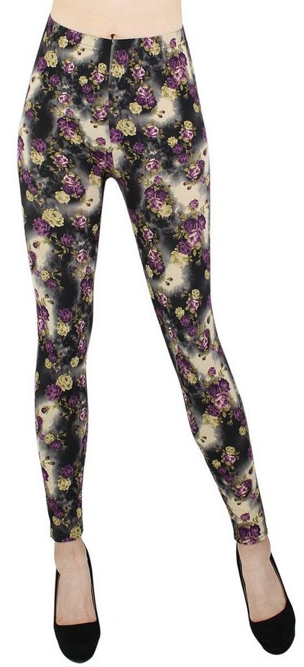 dy_mode Leggings Damen Leggings Blumen Muster Bunte Yogahose Fitness Leggins geblümt mit elastischem Bund, Bunt geblümt von dy_mode