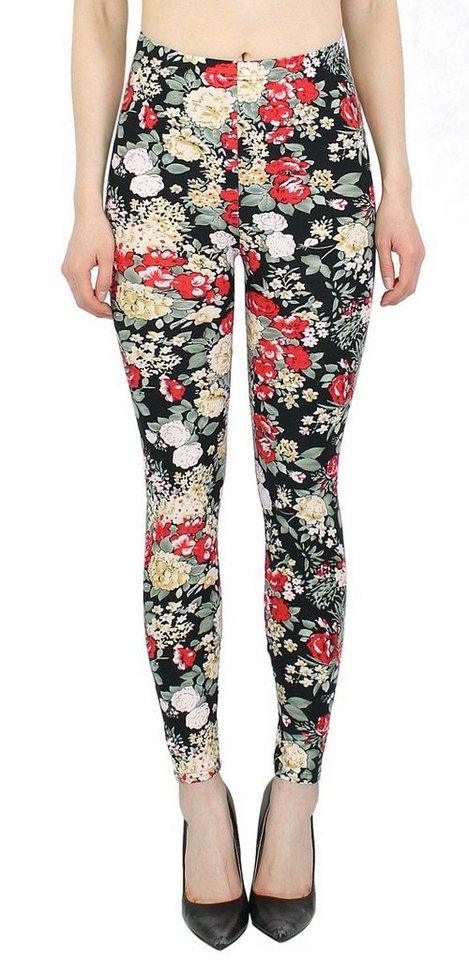 dy_mode Leggings Damen Leggings Blumen Muster Bunte Yogahose Fitness Leggins geblümt mit elastischem Bund, Bunt geblümt von dy_mode