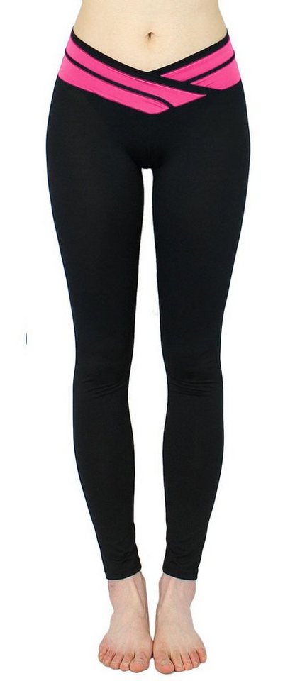 dy_mode Leggings Damen Sport Leggings Laufhose Schwarz mit farbigen Bund in V-Shape von dy_mode