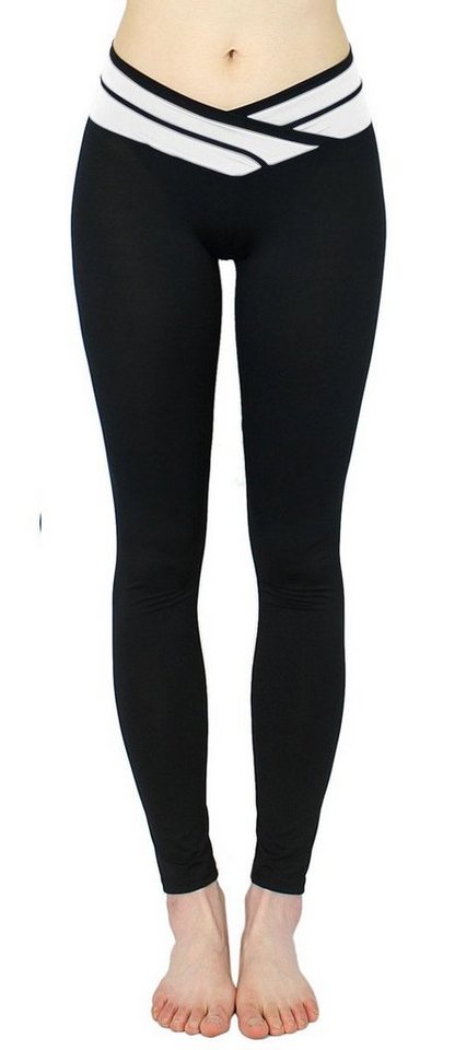 dy_mode Leggings Damen Sport Leggings Laufhose Schwarz mit farbigen Bund in V-Shape von dy_mode