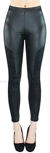 dy_mode Leggings Damen in Kunstleder Optik mit Spitzen und halb-transparenter Stellen- Gr. 36/38 - JL0157 (JL262-BlackLady) von dy_mode