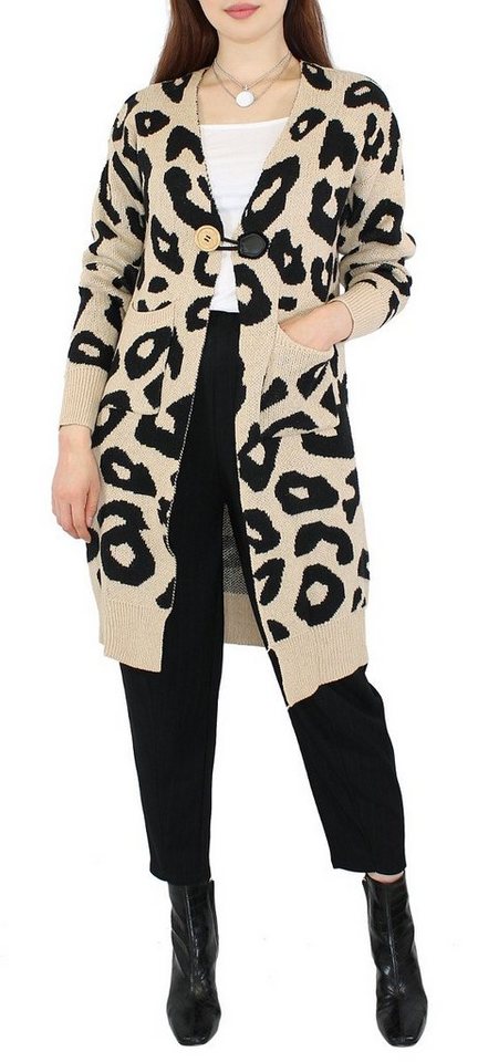 dy_mode Longstrickjacke Cardigan Damen Lang Strickcardigan Strickjacke Langarm Animal Print mit Taschen von dy_mode