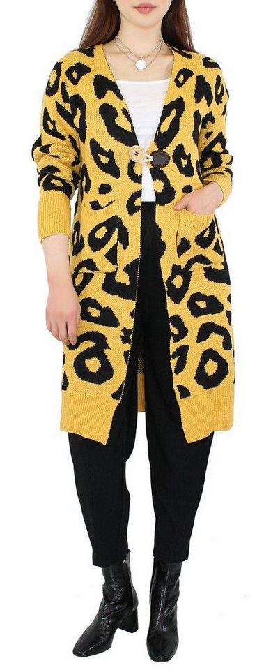 dy_mode Longstrickjacke Cardigan Damen Lang Strickcardigan Strickjacke Langarm Animal Print mit Taschen von dy_mode