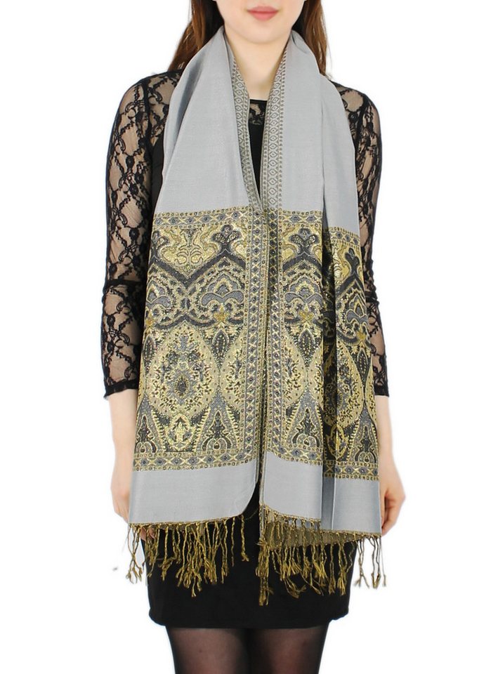 dy_mode Modeschal Elegante Damen Stola Schal Halstuch mit goldfarbenem Glanzfaden, mit Fransen von dy_mode
