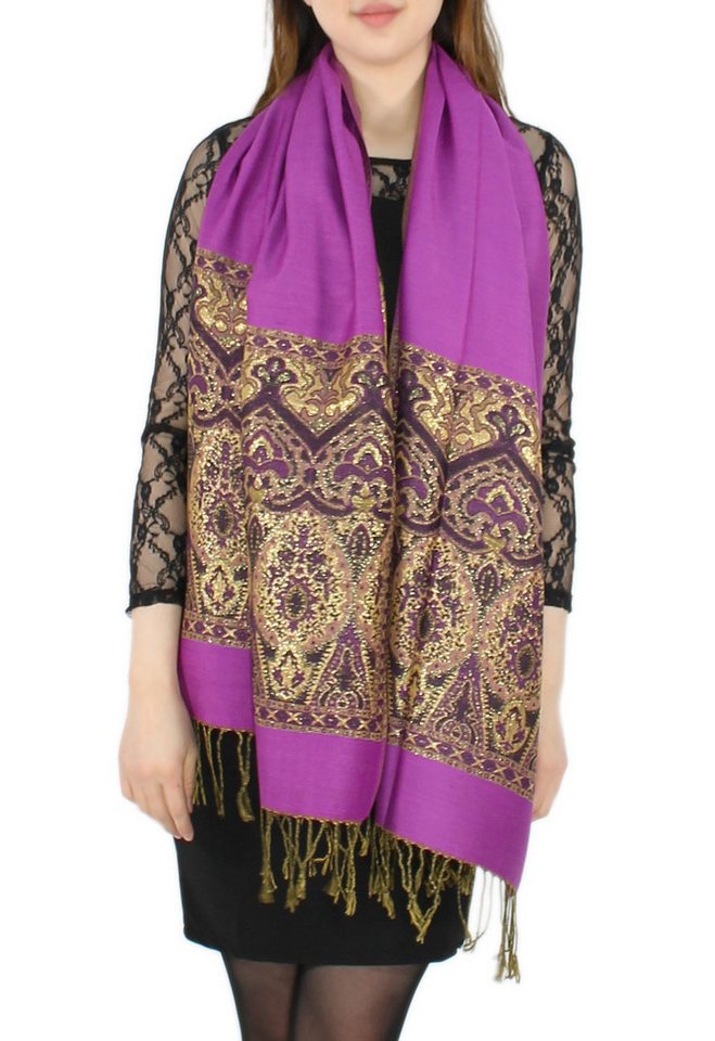 dy_mode Modeschal Elegante Damen Stola Schal Halstuch mit goldfarbenem Glanzfaden, mit Fransen von dy_mode
