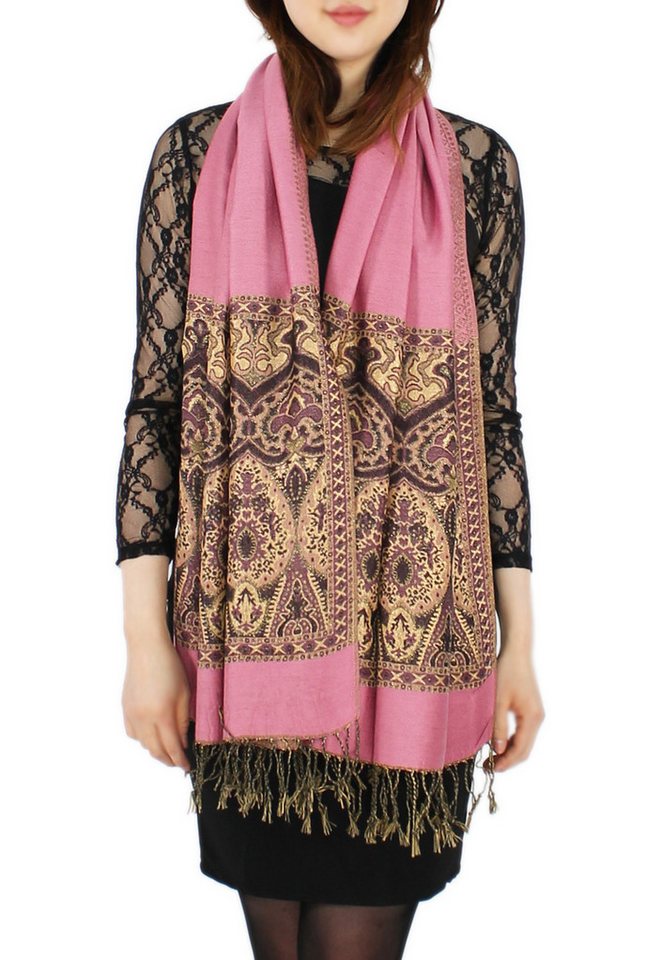 dy_mode Modeschal Elegante Damen Stola Schal Halstuch mit goldfarbenem Glanzfaden, mit Fransen von dy_mode