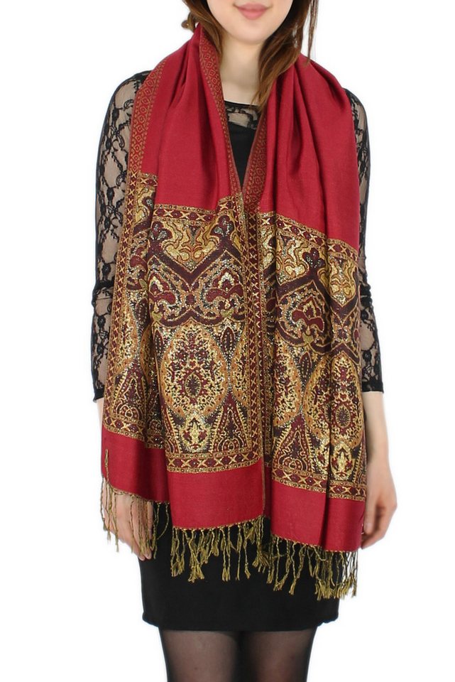 dy_mode Modeschal Elegante Damen Stola Schal Halstuch mit goldfarbenem Glanzfaden, mit Fransen von dy_mode