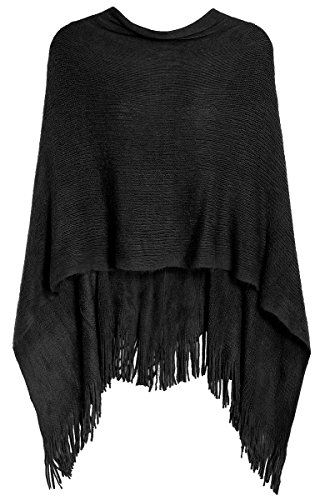 dy_mode Poncho Damen Strickponcho Umhang im eleganten Schnitt - Vorne kurz hinten lang Schnitt - WJ061 (Black) von dy_mode