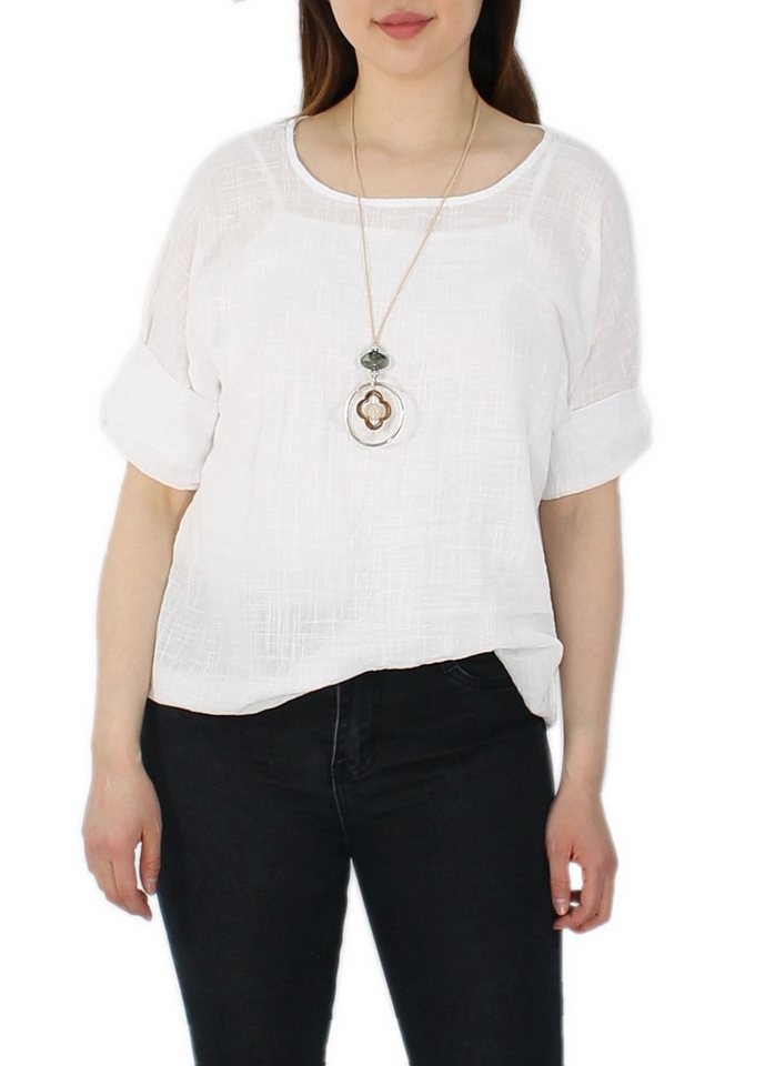 dy_mode Rundhalsshirt Luftiges Damen Sommer Shirt in Unifarben mit Rundhals und Halskette in Unifarben, mit Rundhalsausschnitt, inkl. Statement-Kette von dy_mode