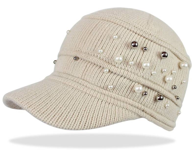 dy_mode Schirmmütze Damen Strickmütze mit Schirm und Kunstperlen Winter Schirmmütze mit Kunstperlen, mit Schirm von dy_mode