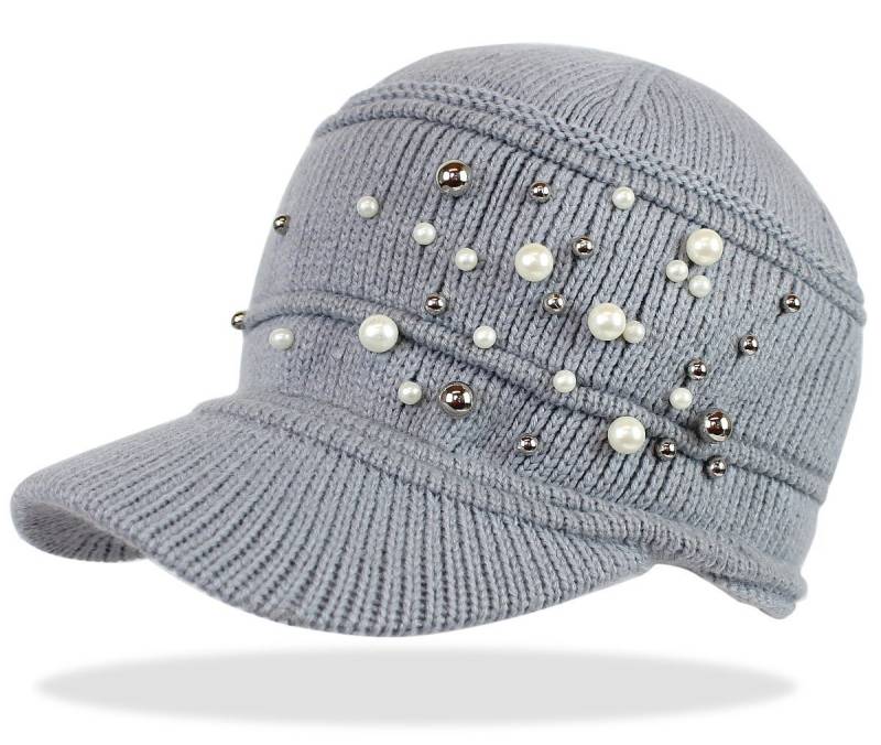dy_mode Schirmmütze Damen Strickmütze mit Schirm und Kunstperlen Winter Schirmmütze mit Kunstperlen, mit Schirm von dy_mode