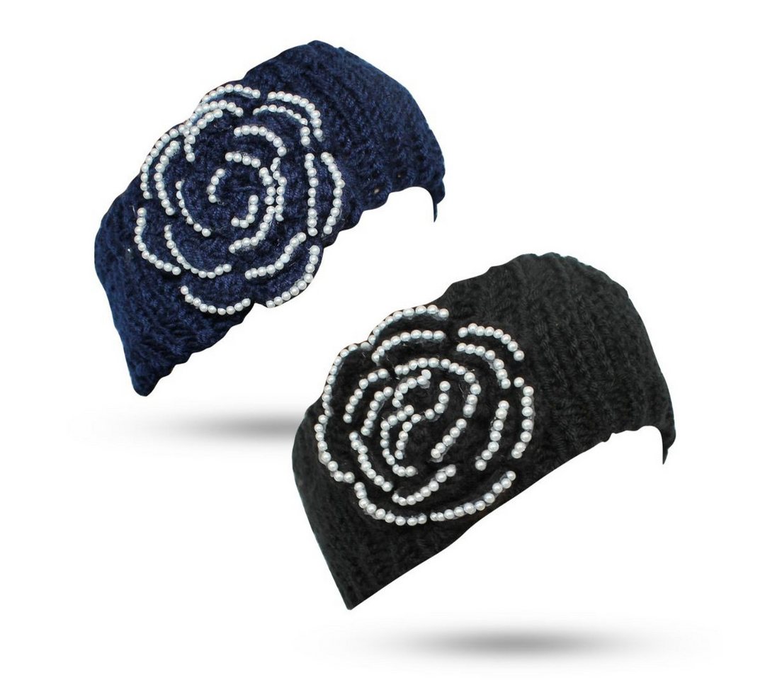 dy_mode Stirnband Strick Stirnband Damen Winter Haarband Ohrenschützer - 2er Set (2er Set) gehäkelter Blume und Kunstperlen-Verzierungen von dy_mode