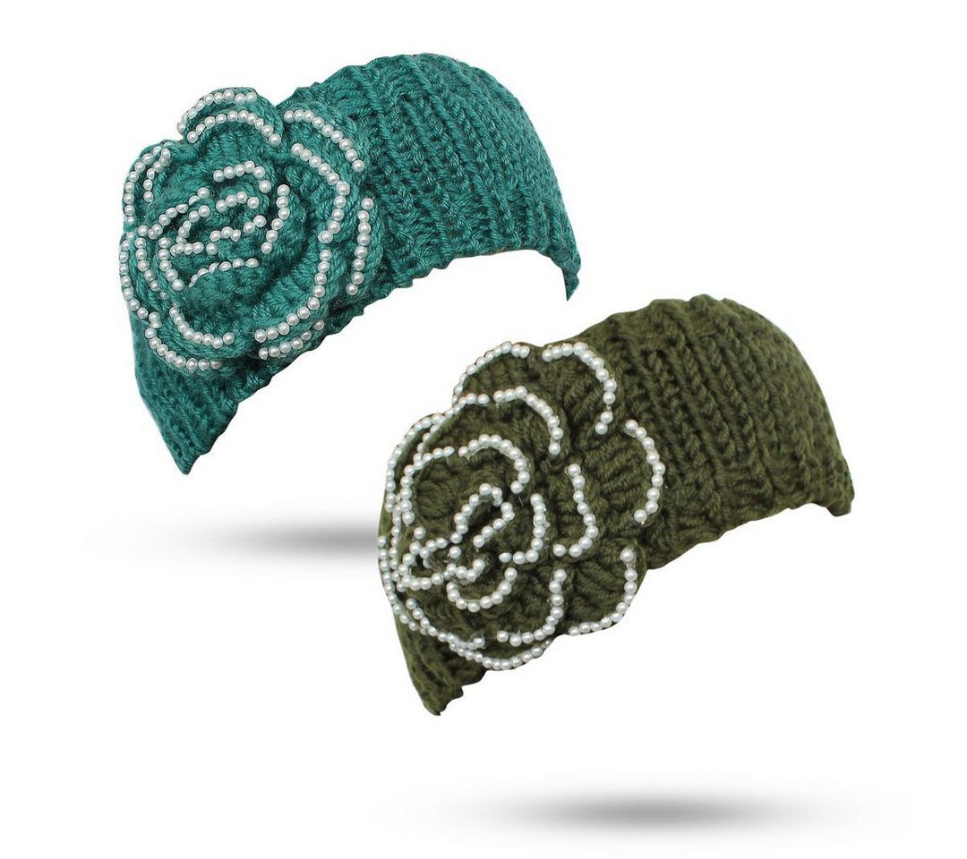 dy_mode Stirnband Strick Stirnband Damen Winter Haarband Ohrenschützer - 2er Set (2er Set) gehäkelter Blume und Kunstperlen-Verzierungen von dy_mode